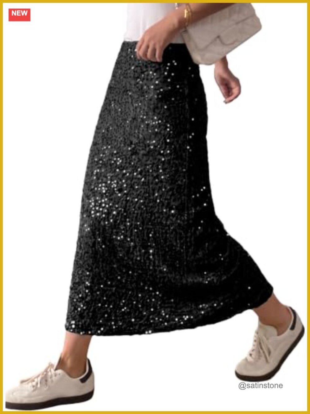 Sequin Maxi Skirt with Elastic Waist and Back Slit - High Stretch